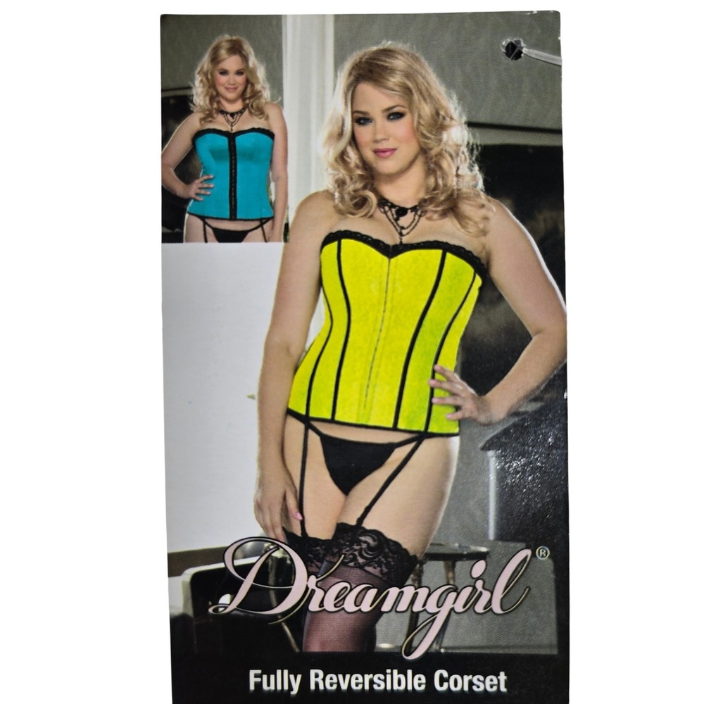 Dreamgirl Reversible Corset Set Lime Turquoise Black Jacquard Size 40 NWT 3864X